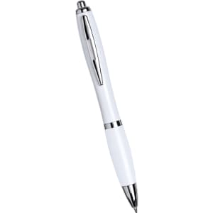 A ballpoint pen in all white, featuring silver accents and a logo on the body.