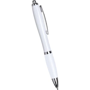 A shiny white ballpoint pen with chrome accents and a clip. The pen features a smooth, sleek design.
