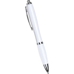 A ballpoint pen with an all-white plastic body and chrome accents, featuring a logo on its surface.