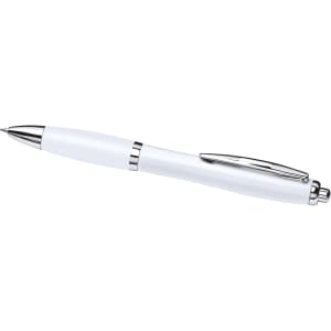 A white ballpoint pen with a sleek design and silver accents, featuring a branding logo.