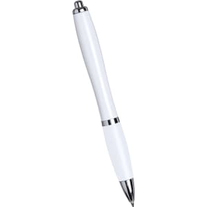 A white ballpoint pen with silver accents and a sleek design, featuring a branding logo.