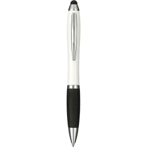 A white and black antibacterial pen with a stylus tip and a sleek silver clip. Features a logo.