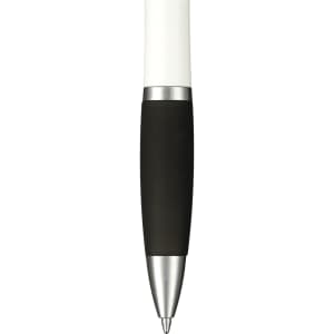 A stylus pen with a black rubber grip and a silver tip, featuring a white upper section and a logo.
