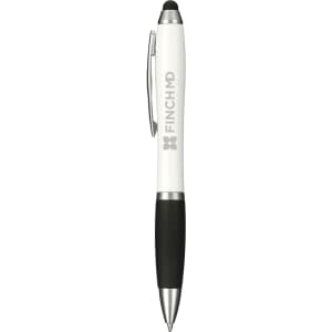 A white and black antibacterial stylus pen featuring a logo on the barrel and a touch screen tip.