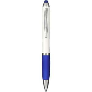 A stylus pen in white and blue, featuring an antibacterial design and a branding logo.