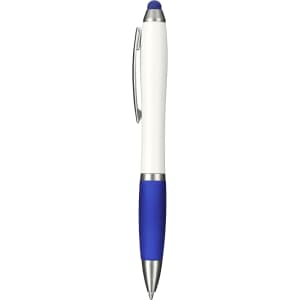 A pen and stylus in white and blue, featuring a silver clip and a textured grip. It includes a logo.