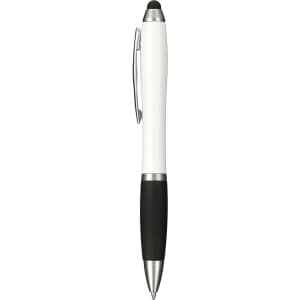 A stylus pen in white and black, featuring a smooth design and a silver clip. Includes a logo.