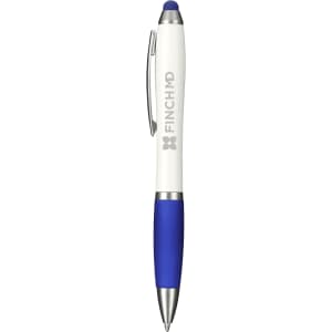 A blue and white antibacterial pen with a stylus tip and a silver clip, featuring a logo.