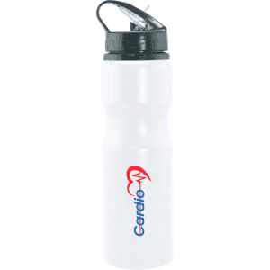 A drink bottle featuring a white body, black lid, and a logo. It holds 830ml and is designed for sports use.
