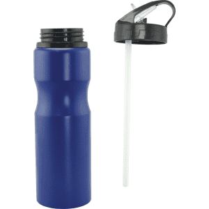 A drink bottle in blue aluminium with a black, straw-cap lid. It features a smooth, ergonomic design and has a logo.