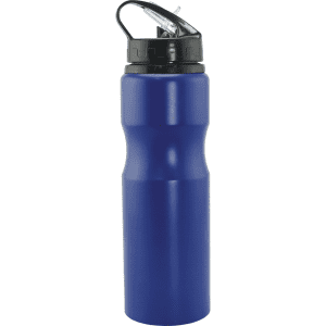 A drink bottle in a deep blue finish, featuring a black lid with a spout and a logo on the side.