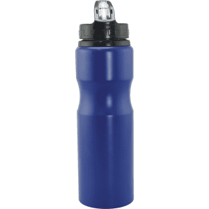 A drink bottle in bold blue aluminium with a black lid and spout, featuring a logo on the body.