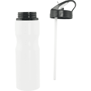 A drink bottle in white with a black lid and straw, featuring a logo design.