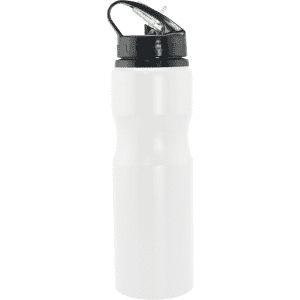 A drink bottle in white aluminium with a black cap and spout, featuring a logo.