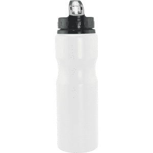 A drink bottle in white, featuring a black lid and a logo, with a 830ml capacity for sports activities.