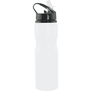 A drink bottle with a sleek white body and a black lid, featuring a spout and a logo.