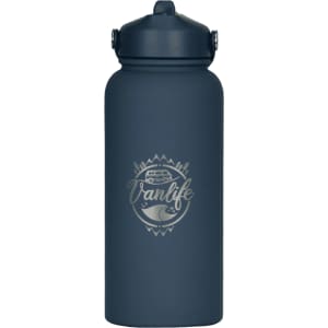A drink bottle with a rubber-coated finish in dark blue, featuring a logo and a secure top cap.