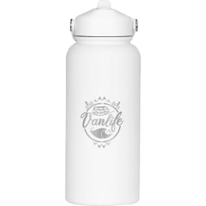 A drink bottle in white with a logo design, featuring a wide mouth and a secure lid.