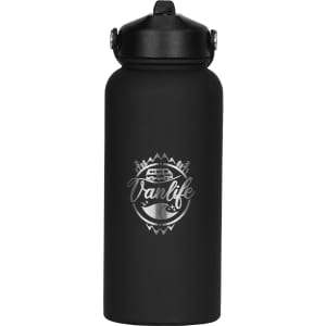 A drink bottle in matte black with a rubber-coated finish and a logo design.