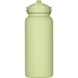 A drink bottle in a soft green colour with a rubber-coated finish and a screw-top lid. It features a brand logo.