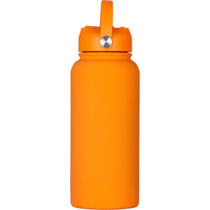 A drink bottle in vibrant orange with a rubber coated finish and a silver cap feature. It includes a handle for easy carrying.