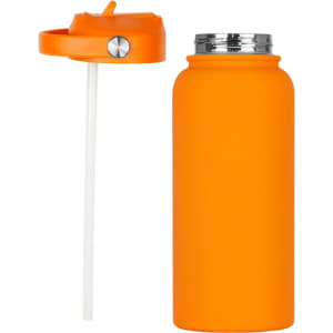 A drink bottle in vibrant orange with a rubber coating and a silver lid, featuring a removable straw.