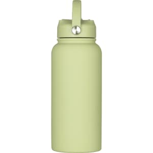 A drink bottle in soft green, featuring a rubber coating and a handle on the lid. It has a logo on the body.