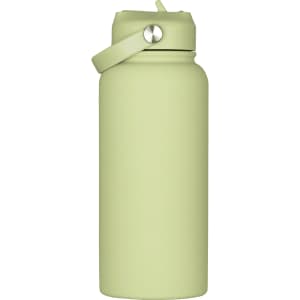 A drink bottle in a soft green colour with a rubber coating and a metal lid and strap. It features a logo.