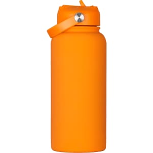A drink bottle in bright orange with a rubber coating and a metal accent on the cap, featuring a strap.