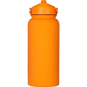A drink bottle in vibrant orange, featuring a rubber-coated finish and a screw-top lid, with a logo on the side.