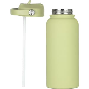 A drink bottle in matte light green with a stainless steel lid and a straw. It features a branding logo.