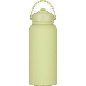 A drink bottle in a soft green colour, featuring a rubber coating and a handle, with a logo on the side.