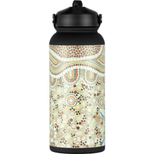 A drink bottle with a rubber coating, featuring a pattern of dots in earthy tones and a black lid.