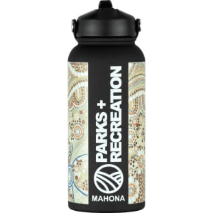 A drink bottle in black with a decorative pattern and a logo on it, featuring a 1L capacity.