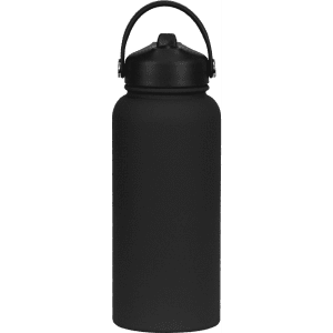 A drink bottle in matte black with a rubber-coated finish and a handle for easy carrying.