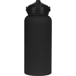 A drink bottle in matte black with a rubber-coated finish, featuring a twist-off top and a logo.