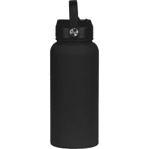A drink bottle in matte black with a rubber-coated finish and a sturdy lid, featuring a handle and branding.