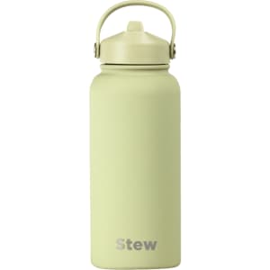 A drink bottle in a muted green colour with a rubber coating and a carrying handle, featuring a logo.