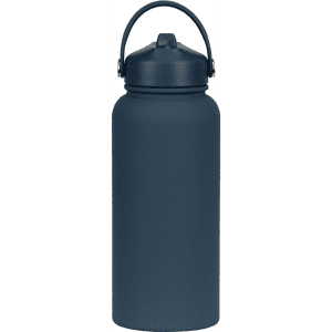 A drink bottle in a matte navy colour with a handle and a screw-top lid, featuring a logo.
