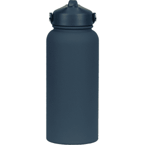 A drink bottle in dark grey with a rubber-coated finish and a sports cap, featuring a logo.