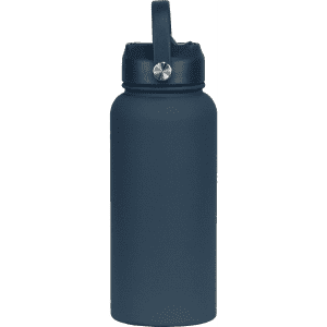 A drink bottle in navy blue with a rubber-coated finish and a metal handle. Features a branded logo.