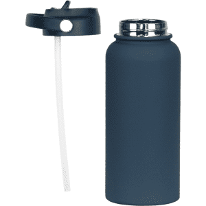 A drink bottle in navy blue with a rubber-coated finish and a silver screw top. It includes a straw attachment.