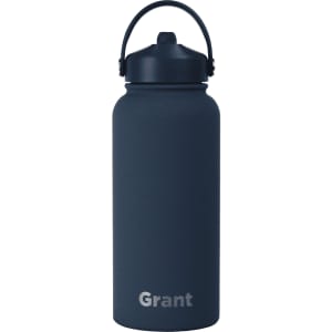 A drink bottle with a rubber-coated navy exterior and a sturdy handle, featuring a logo on the front.