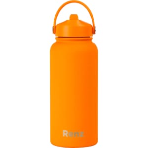 A drink bottle in bright orange with a rubber-coated exterior and a handle. It features a logo on the front.