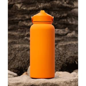 A drink bottle in bright orange with a rubber-coated finish, featuring a screw-top lid and integrated handle.