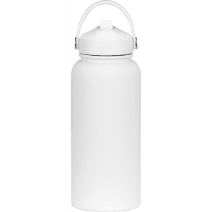 A drink bottle with a white rubber coating and a handle, featuring a screw-top lid.