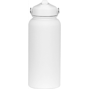 A drink bottle in white, featuring a rubber coating and a screw-on lid, with a logo visible.