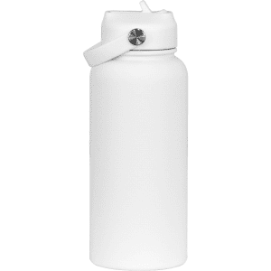 A drink bottle in white with a rubber coating and a screw cap, featuring a carrying strap and a logo.