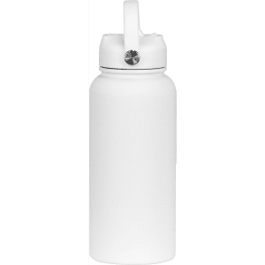 A drink bottle in white with a rubber coating and a handle. Features a silver-tone screw lid.