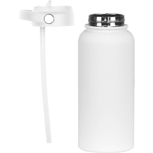 A drink bottle in white with a silver cap, featuring a removable straw and a logo.